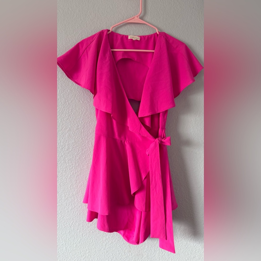 Main Strip Pink Flutter Sleeve Wrap Dress